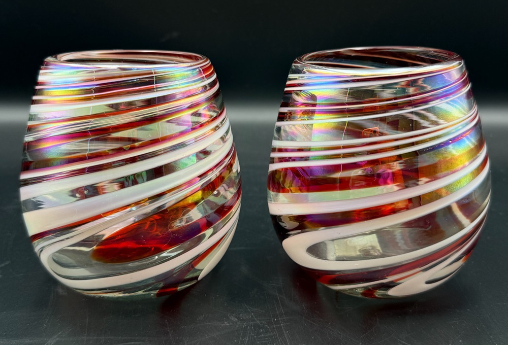 2 Hand Blown Stemless Wine Glasses Cup Mexico Red White Iridescent Swirl Ribbon